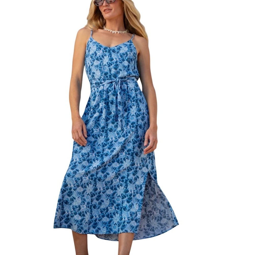 Carve Designs Womens Blue Floral Tie Adjustable Straps Macy Midi Dress S Small